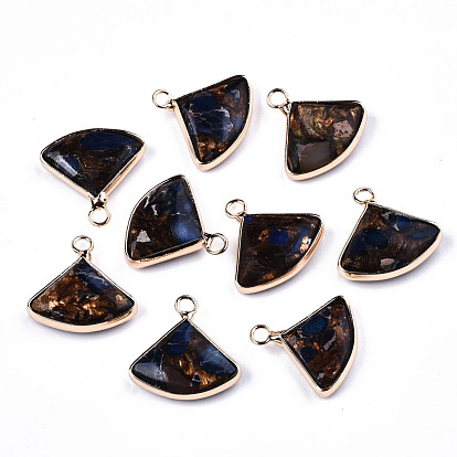 Fan Assembled Synthetic Bronzite and Lapis Lazuli Pendants, with Iron Loop and Brass Edge, Light Gold