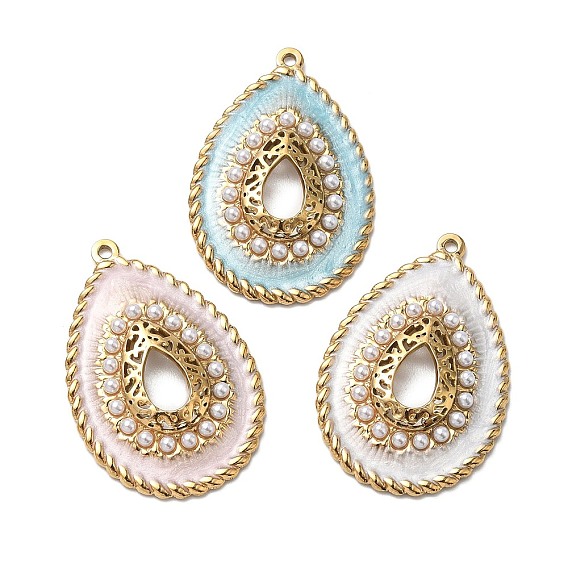 304 Stainless Steel Enamel Pendants, Teardrop Charms, with ABS Plastic Imitation Pearl, Ion Plating(IP), Golden