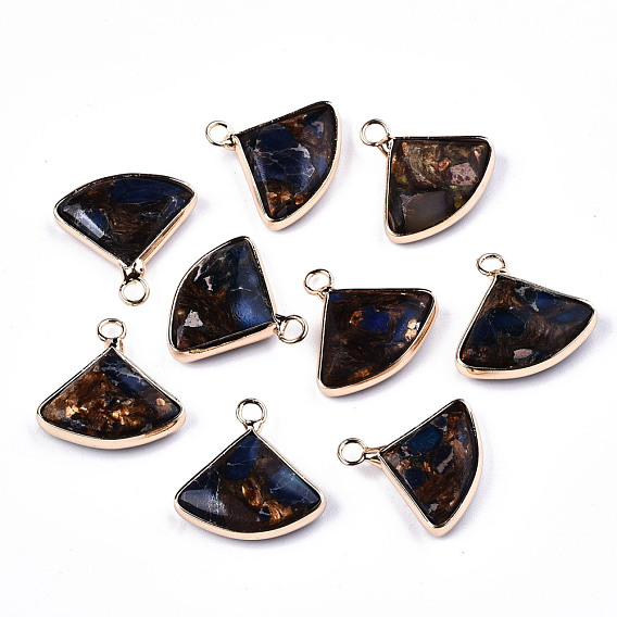 Fan Assembled Synthetic Bronzite and Lapis Lazuli Pendants, with Iron Loop and Brass Edge, Light Gold