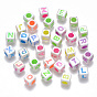 Plated AB Color Acrylic Beads, Horizontal Hole, Cube with Initial Letter, Mixed Color