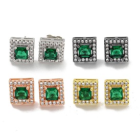 Square Brass Micro Pave Clear Cubic Zirconia Stud Earrings, with Emerald Rhinestone for Women