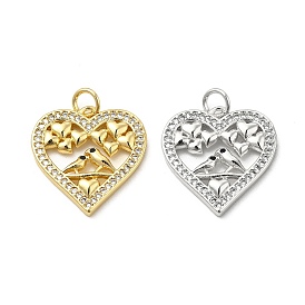 Brass Micro Pave Cubic Zirconia Pendants, with Jump Ring, Heart with Bird Lover Charm