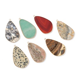 Pendentifs pierres précieuses naturelles mixtes, avec bord en laiton doré, larme