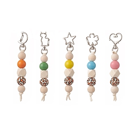 Cube & Round & Octagon Wooden Beaded Pendant Keychain, with Heart/Flower/Moon/Star/Cat Alloy & Iron Swivel Lobster Clasps