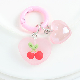 Luminous Resin Keychain, with Iron Key Rings, Glow In The Dark, Heart & Heart with Cherry