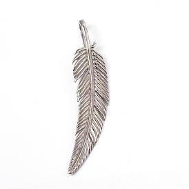 316 Surgical Stainless Steel Big Pendants, Feather, 57x12x2mm, Hole: 4x9mm