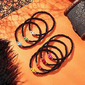 7шт 7 цвета стеклянные круглые бусины эластичные браслеты для мужчин и женщин, череп, с крашеными синтетической бирюзы