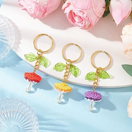 Glass Seed & Glass & Transparent Acrylic Keychains, with Iron Split Key Rings, Mushroom, Golden