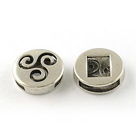 Flat Round Tibetan Style Alloy Slide Charms, Cadmium Free & Nickel Free & Lead Free, 17~18x5mm, Hole: 2x13mm, about 340pcs/1000g