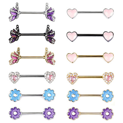 Кольца для сосков в форме бабочки, сердца и цветка, из латунной эмали и страз, с 316l штифтами из нержавеющей стали