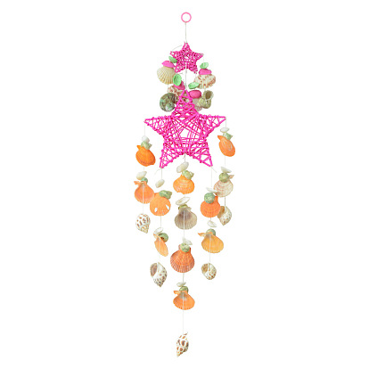 Cotton Cord Wrapped Wood Wind Chimes, Flat Round Natural Shell Hanging Pendant, for Home/Bedroom Decoration