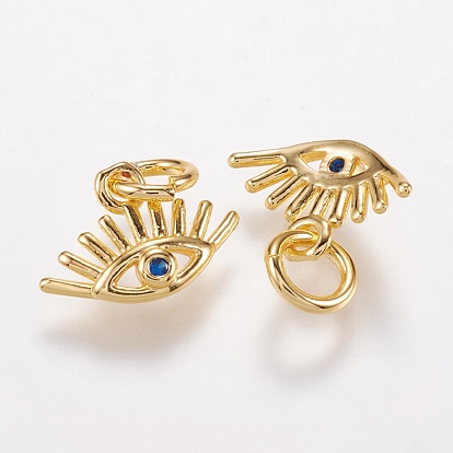 Brass Micro Pave Cubic Zirconia Charms, Eye Pendants, Blue