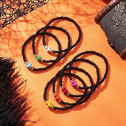 7шт 7 цвета стеклянные круглые бусины эластичные браслеты для мужчин и женщин, череп, с крашеными синтетической бирюзы