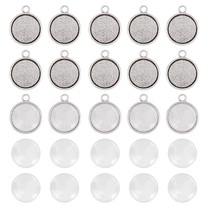 200pcs Flat Round Pendant Making Kits, Including Tibetan Style Alloy Pendant Cabochon Settings, Transparent Glass Cabochons
