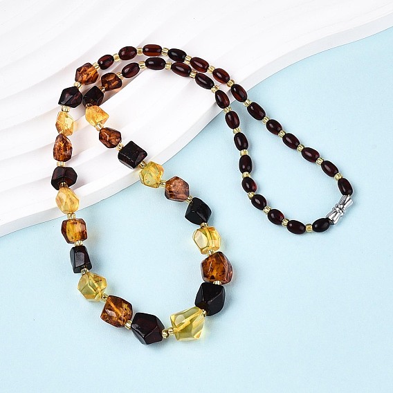 Ожерелья из натуральных янтарных самородков и рисовых бусин с градуированными оттенками, с застежками из латуни , платина