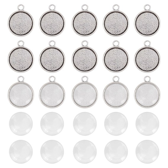 200pcs Flat Round Pendant Making Kits, Including Tibetan Style Alloy Pendant Cabochon Settings, Transparent Glass Cabochons