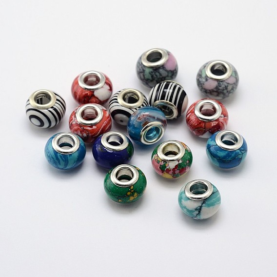 Handmade Lampwork Large Hole Rondelle European Beads, with Double Silver Color Plated Brass Cores