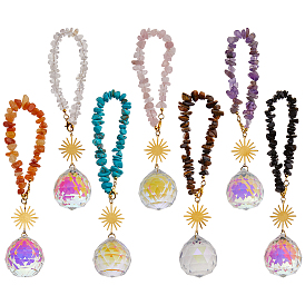 7 шт. бусины из натуральных и синтетических драгоценных камней, подвески для автомобиля, с круглыми стеклянными и латунными солнечными подвесками