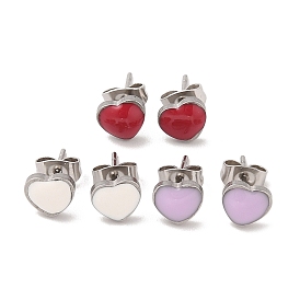 3 Pairs 3 Colors 304 Stainless Steel Enamel Heart Stud Earrings for Women
