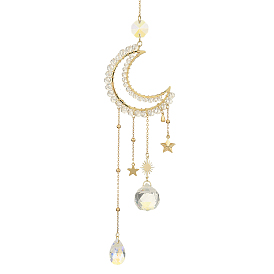 Glass Teardrop Pendant Decoration, Hanging Suncatchers, with Brass Moon Link and 304 Stainless Steel Star Charm