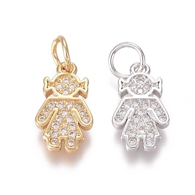 Brass Micro Pave Clear Cubic Zirconia Charms, with Jump Rings, Girl