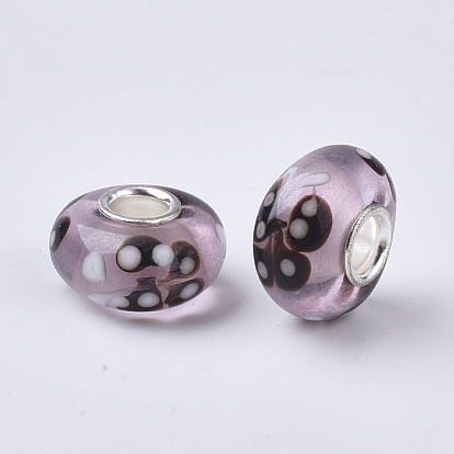 Handmade Lampwork European Beads, Large Hole Beads, with Silver Color Plated Brass Single Cores, Rondelle