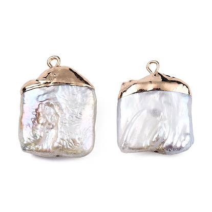 Pendentifs de perle keshi perle baroque naturelle galvanoplastie, perle de culture d'eau douce, avec les accessoires en fer, charme carré