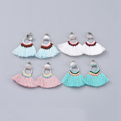 Polycotton(Polyester Cotton) Tassel Dangle Earrings, with Brass Ear Stud Findings and Ear Nuts, Platinum