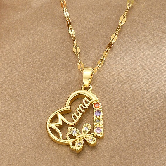 Mother's Day Brass Pave Cubic Zirconia Mama Heart with Butterfly Pendant 304 Stainless Steel Dapped Chain Necklaces for Women, Golden