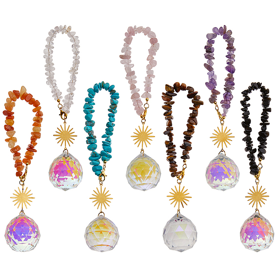 7 шт. бусины из натуральных и синтетических драгоценных камней, подвески для автомобиля, с круглыми стеклянными и латунными солнечными подвесками