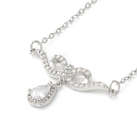 Clear Cubic Zirconia Bowknot with Teardrop Pendant Necklace, 304 Stainless Steel Jewelry for Women