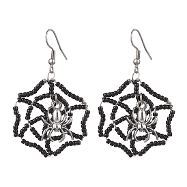 Handmade Seed Beads Dangle Earrings, with Alloy Pendants, Halloween Spider Web