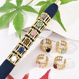 304 манжетные кольца из нержавеющей стали с широкими отверстиями, овальное кольцо с натуральным драгоценным камнем для женщин, реальный 18 k позолоченный, ионное покрытие (ip)