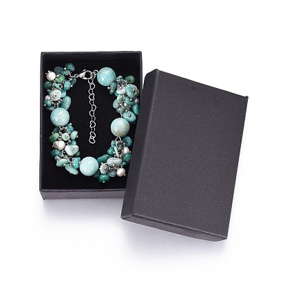 Natural Amazonite Beads Bracelets, with Natural Pearls and 304 Stainless Steel Lobster Claw Clasps, Packing Box