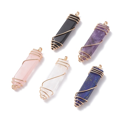 Pierre naturelle gros pendentifs, avec fil de cuivre doré clair enroulé, épée
