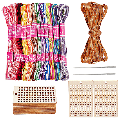 Wooden Needlecraft Cross-stitch Embroidered Blank Disc, with Cutton Cords, Polyester Satin Ribbons, Iron Tapestry Needles