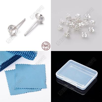 10Pares 925 Hallazgos para aretes de plata esterlina, 30 piezas 304 tuercas de oreja de acero inoxidable, 1 Paño de pulido plateado cuadrado de tela de gamuza