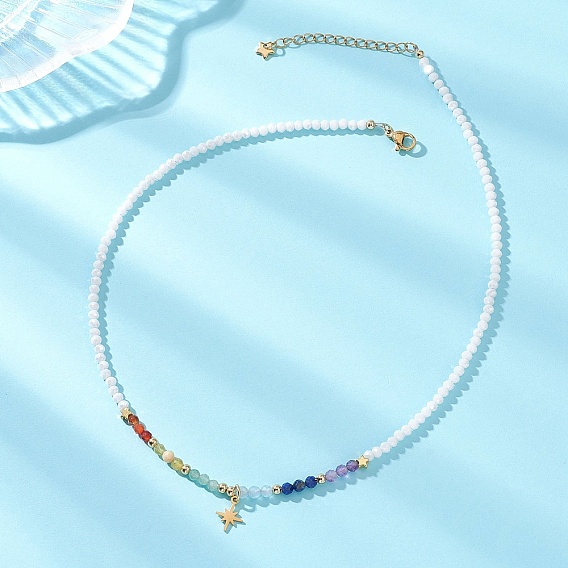 304 подвеска в форме звезды из нержавеющей стали с натуральным аквамарином, желтым опалом, лазуритом, аметистом, зеленым авантюрином, сердоликом и стеклянными гранеными бусинами-рондель, символизирующими чакру