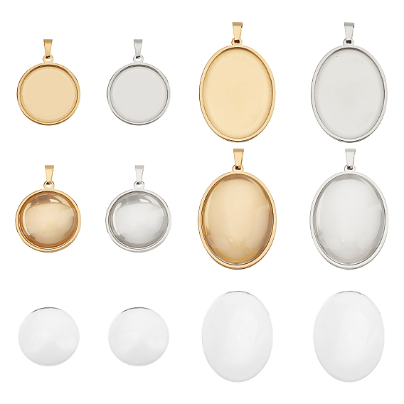 8Pcs 4 Style Flat Round & Oval 304 Stainless Steel Pendant Cabochon Settings, 8Pcs Glass Cabochons