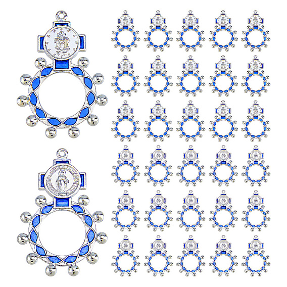 30Pcs 2 Colors Alloy Enamel Pendants, Cross with Ring Charms, Platinum
