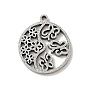 304 Stainless Steel Textured Pendants, Hollow, Flat Round with Butterfly & Flower