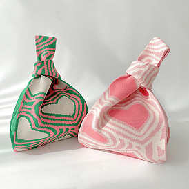 Polyester Heart Print Knitted Tote Bags, Cartoon Crochet Handbags for Women