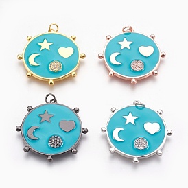 Brass Micro Pave Cubic Zirconia Pendants, with Enamel, Long-Lasting Plated, Flat Round, Lead Free & Nickel Free & Cadmium Free, Turquoise