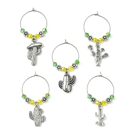 Tibetan Style Alloy Cactus Wine Glass Charms, with Glass Beads and Brass Wine Glass Charm Rings