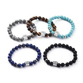 Gemstone Beads Stretch Bracelets, with Zinc Alloy European Beads and Brass Spacer Beads, Dog Paw Prints