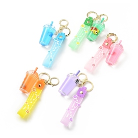Porte-clés de tasse en acrylique rempli de liquide de dessin animé mignon flottant, avec les accessoires en alliage