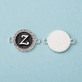 Alloy Enamel Links Connectors, with Crystal Rhinestones, Flat Round with Letter, Silver Color Plated