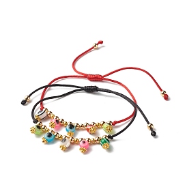 Evil Eye Resin Beads Cord Bracelets Set for Girl Women, Brass Beads Adjustable Bracelets, Golden