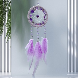 Natural Amethyst Chip Woven Web/Net with Feather Hanging Ornaments, with Iron Ring for Home Living Room Bedroom Wall Decorations