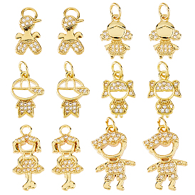 12 шт 6 стили латунные подвески из микропаве с фианитом, шармы в форме человека , с целью перехода в кольце